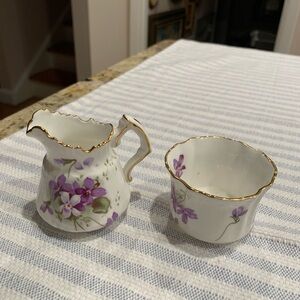 Floral Porcelain Creamer and Sugar Set with Gold Trim